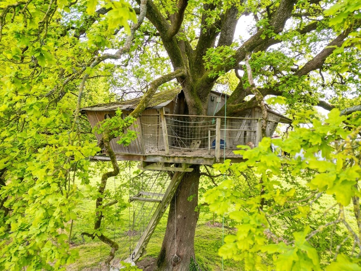 Una casa en el árbol con estructura de madera y una escalera de cuerda.