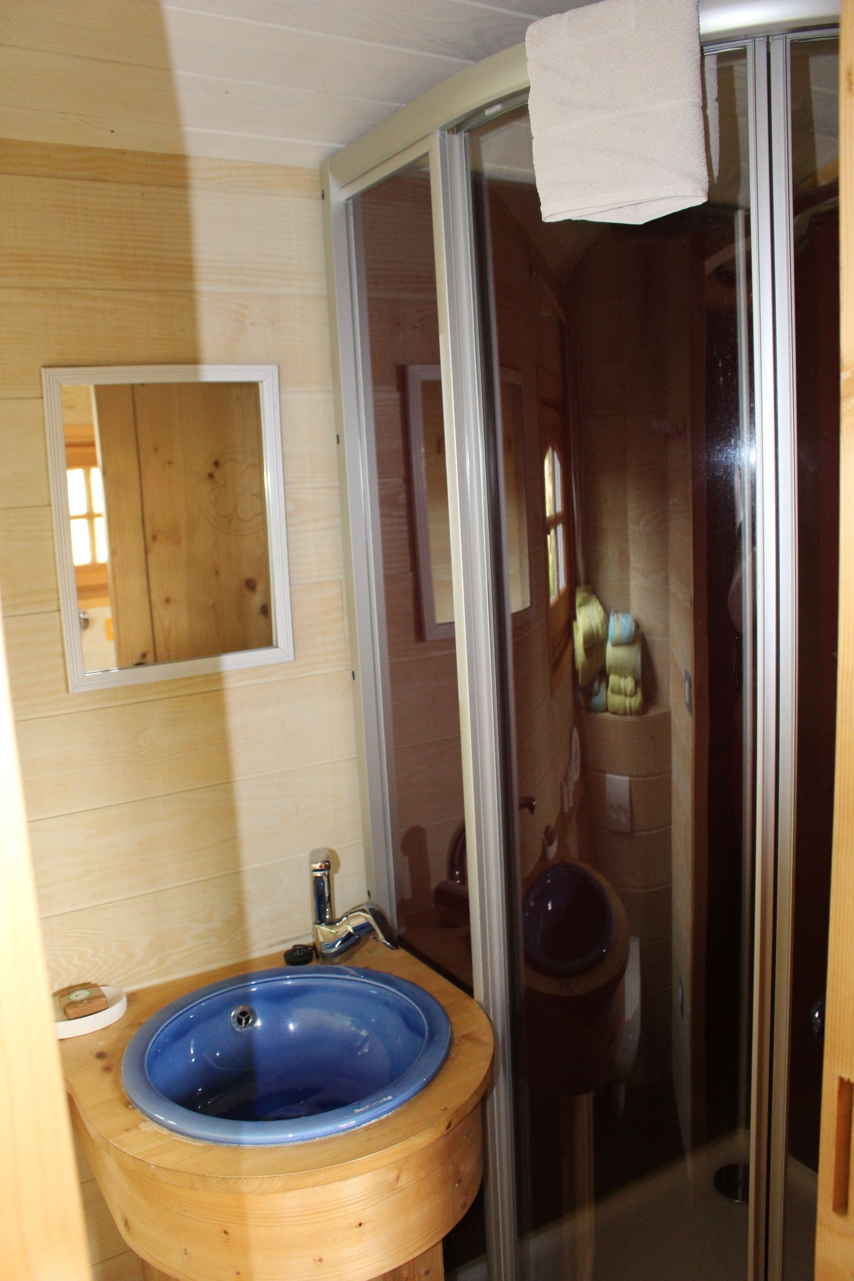 A bathroom with a wooden vanity, a blue sink, a mirror, and a glass shower enclosure.
