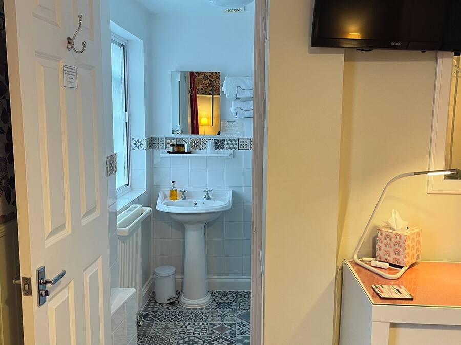 A bathroom with a white sink, a mirror, a towel rack, and a television mounted on the wall.