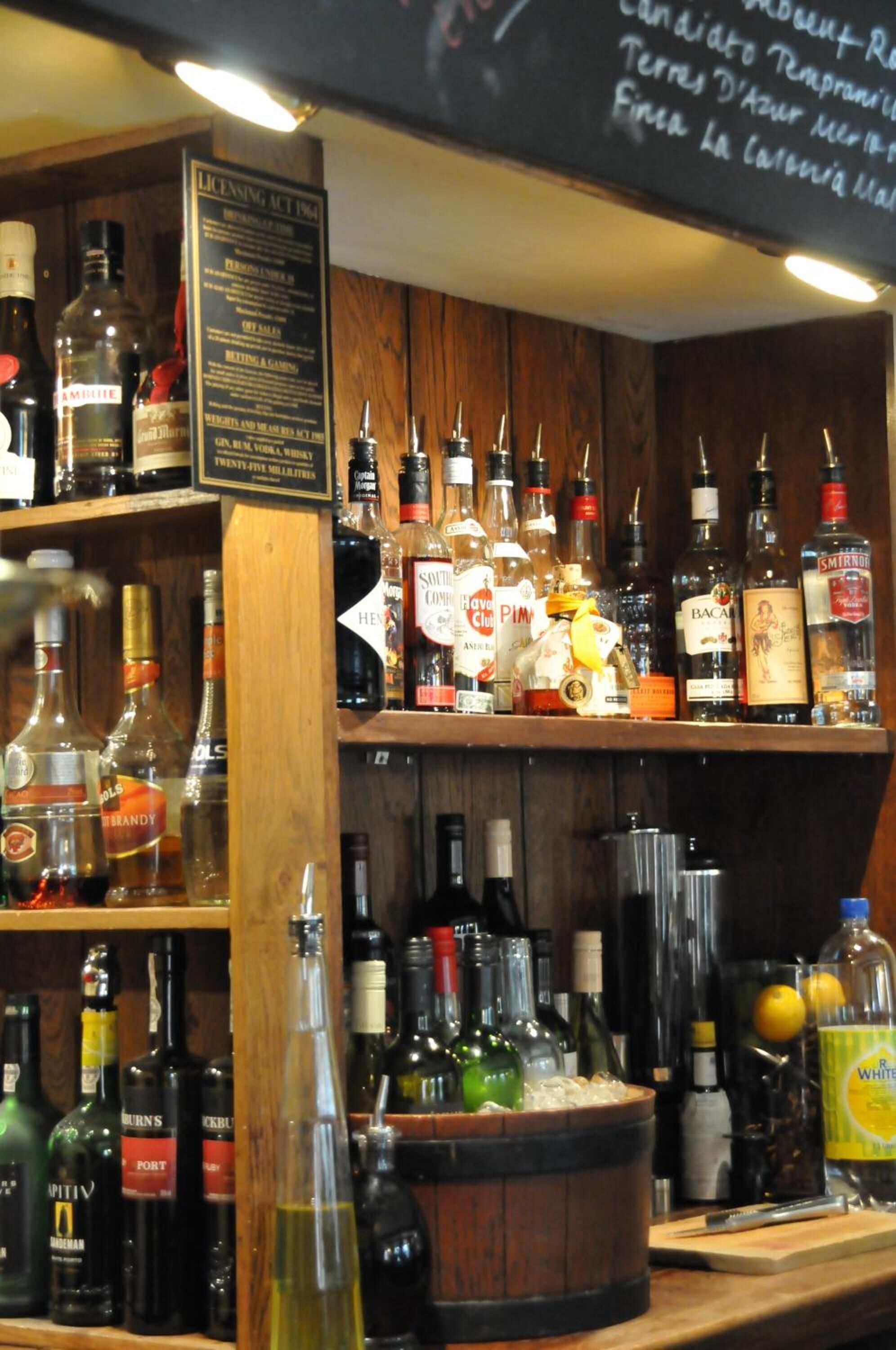 Un bar con estanterías llenas de botellas de licor y un cartel sobre permisos.