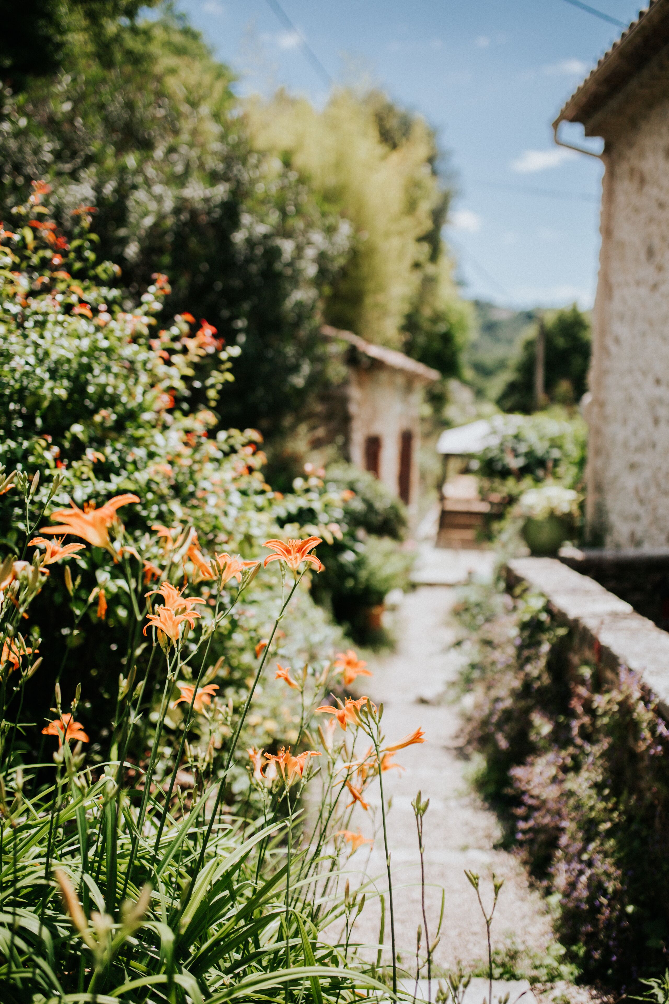 A garden pathway leading to a rustic building with a stone wall on one side.
