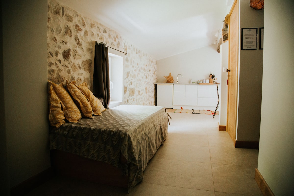 A bedroom with a bed, a window, a kitchenette, and a door leading to another room.
