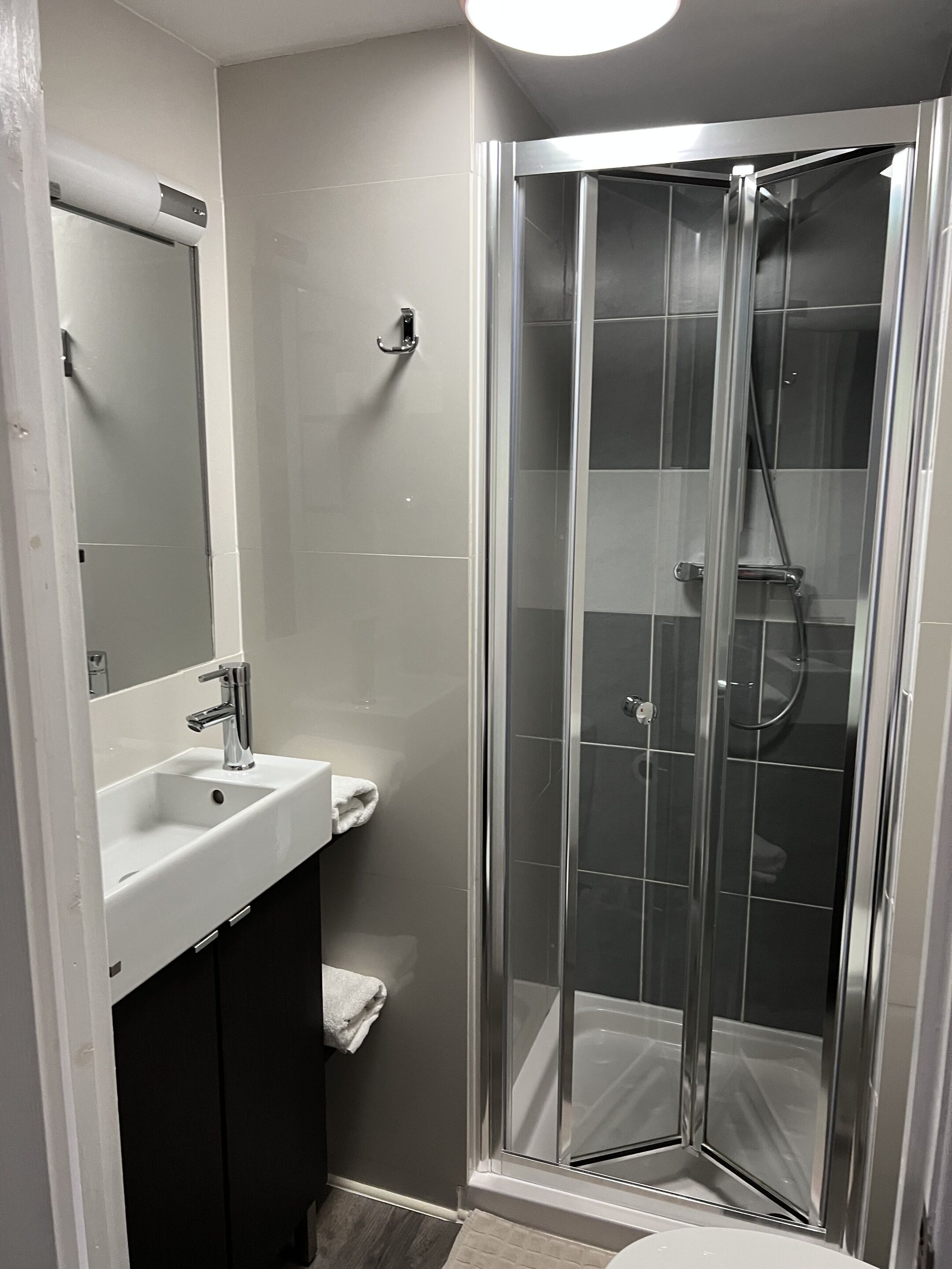 Une salle de bain moderne avec une douche à parois de verre, un lavabo blanc et un miroir au-dessus du lavabo.