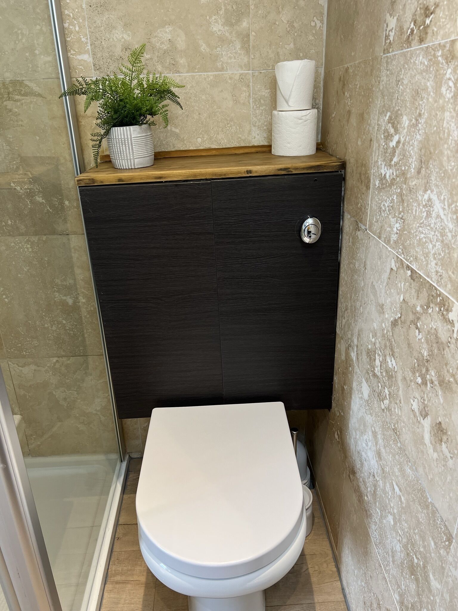A bathroom with a white toilet, a wooden shelf with a potted plant, and a toilet paper holder.