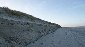 Een zandstrand met een steile klif en weinig begroeiing.