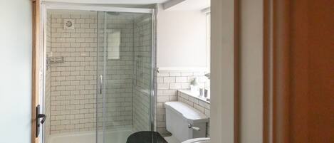 A bathroom with a glass-enclosed shower, a toilet, and a bathtub.