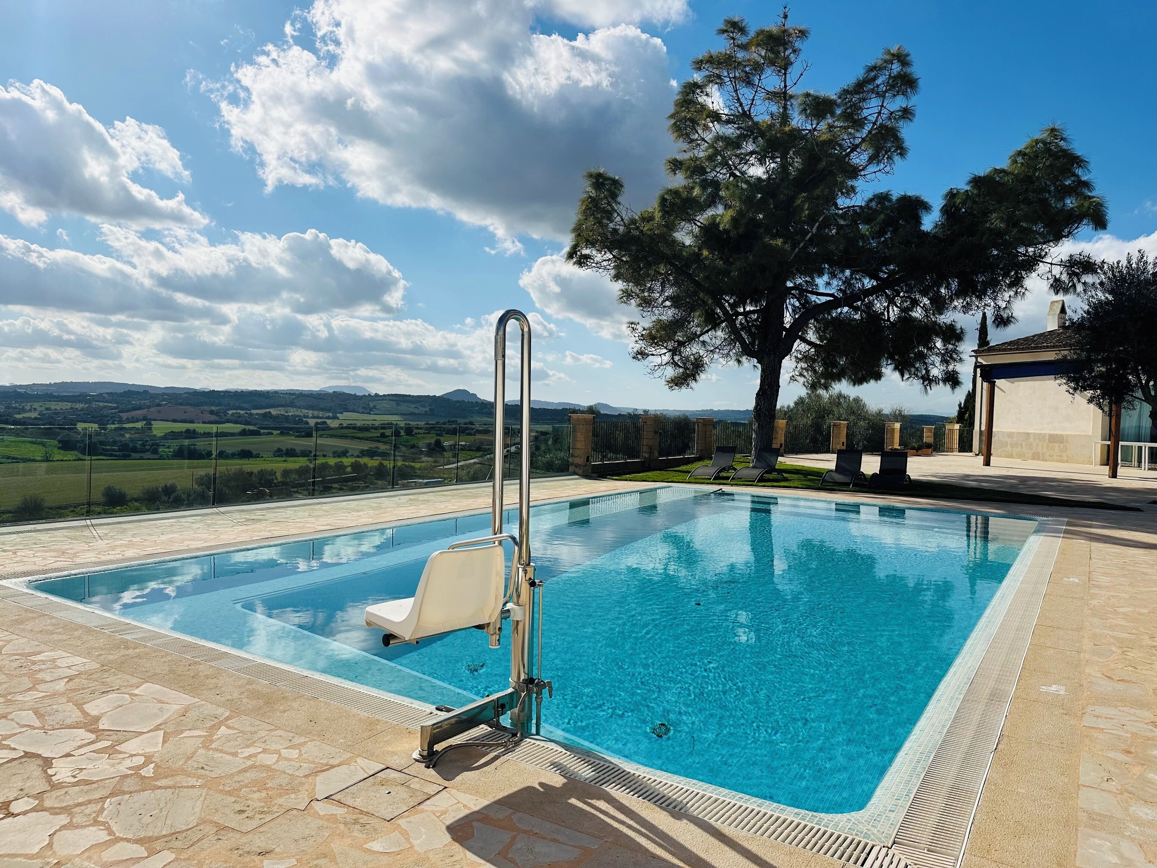 outdoor pool, pool loungers