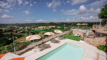 Seasonal outdoor pool, pool umbrellas, sun loungers