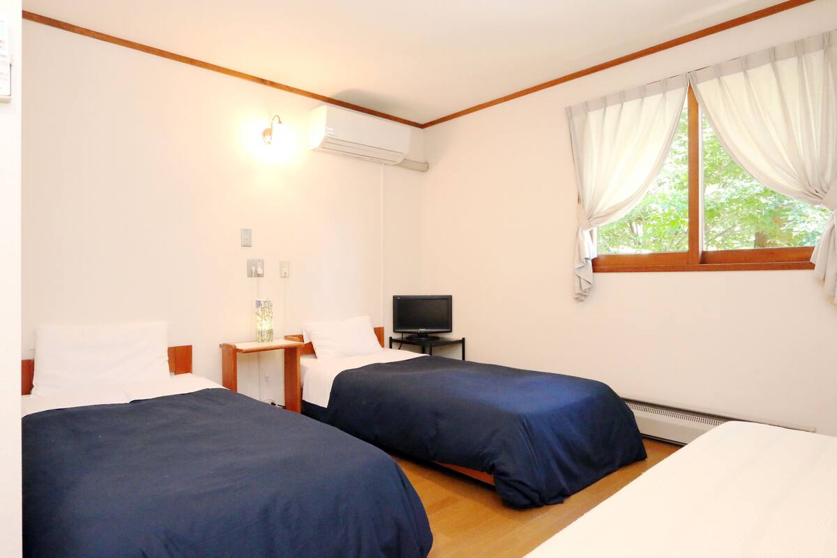 A room with two beds, a television on a small table, and a window with curtains.