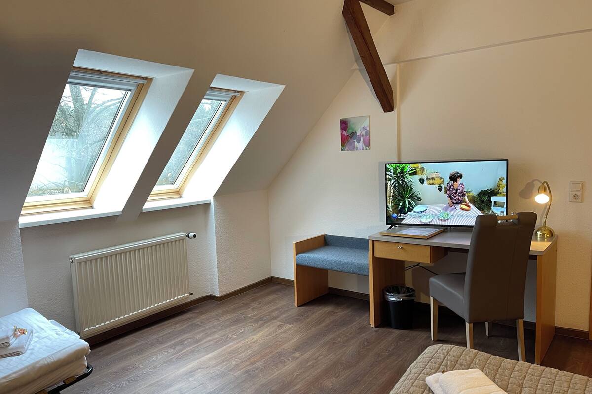 Un dormitorio con techo inclinado, tragaluces, una cama, un escritorio con una computadora y una silla.