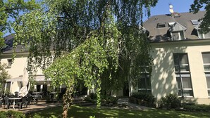 Un patio con un árbol grande, mobiliario exterior y un edificio de techo inclinado.