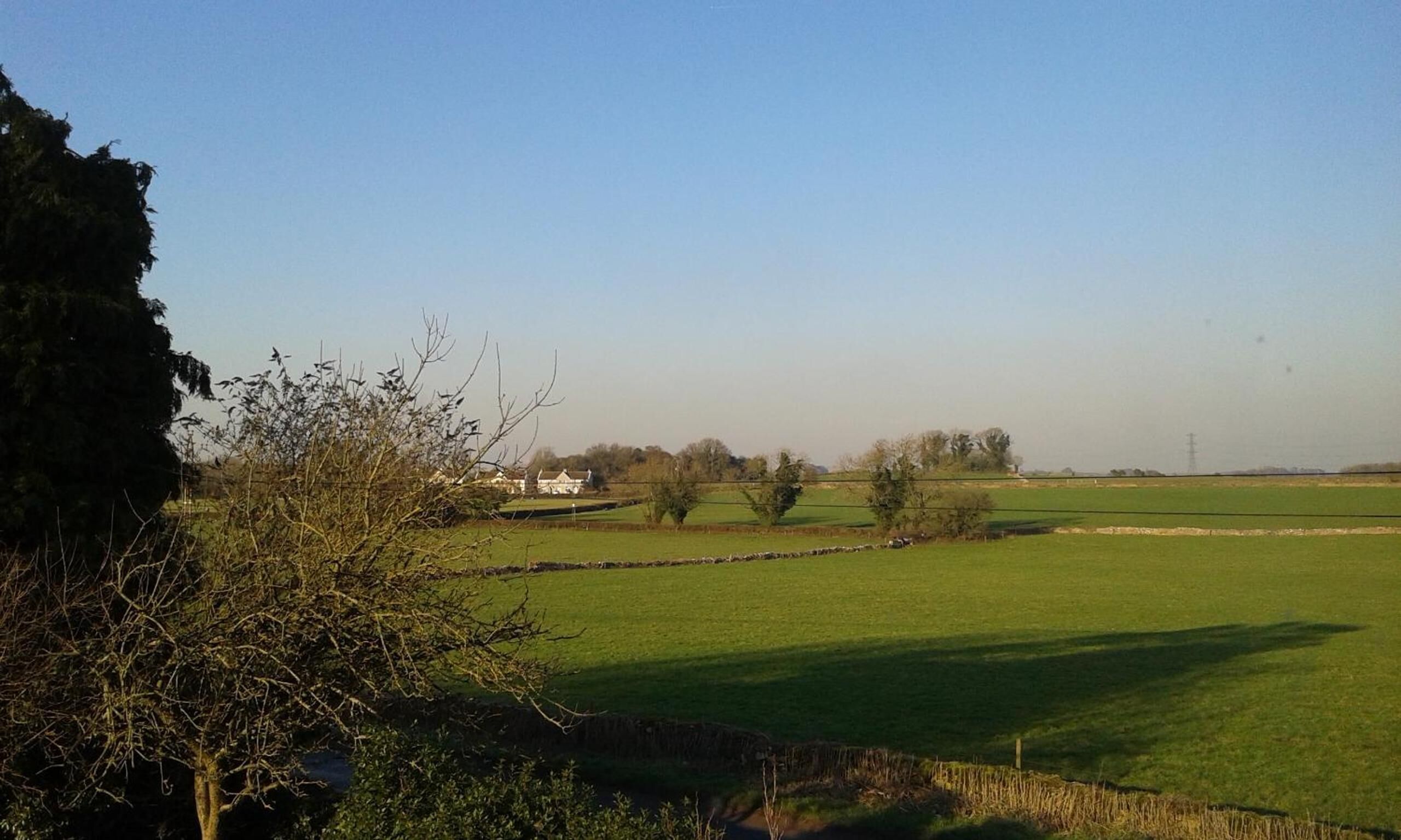 A rural landscape with open fields, a stone wall, and a few scattered trees.