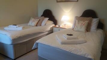 Two twin beds with white linens, each with a folded towel and a pillow with floral patterns. There is a nightstand with a lamp between the beds.