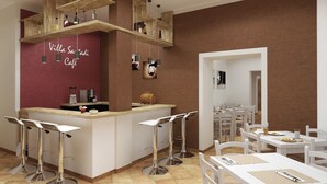 A café with a red wall, wooden shelves, and white bar stools. - Villa Santadi Hotel (Santadi)