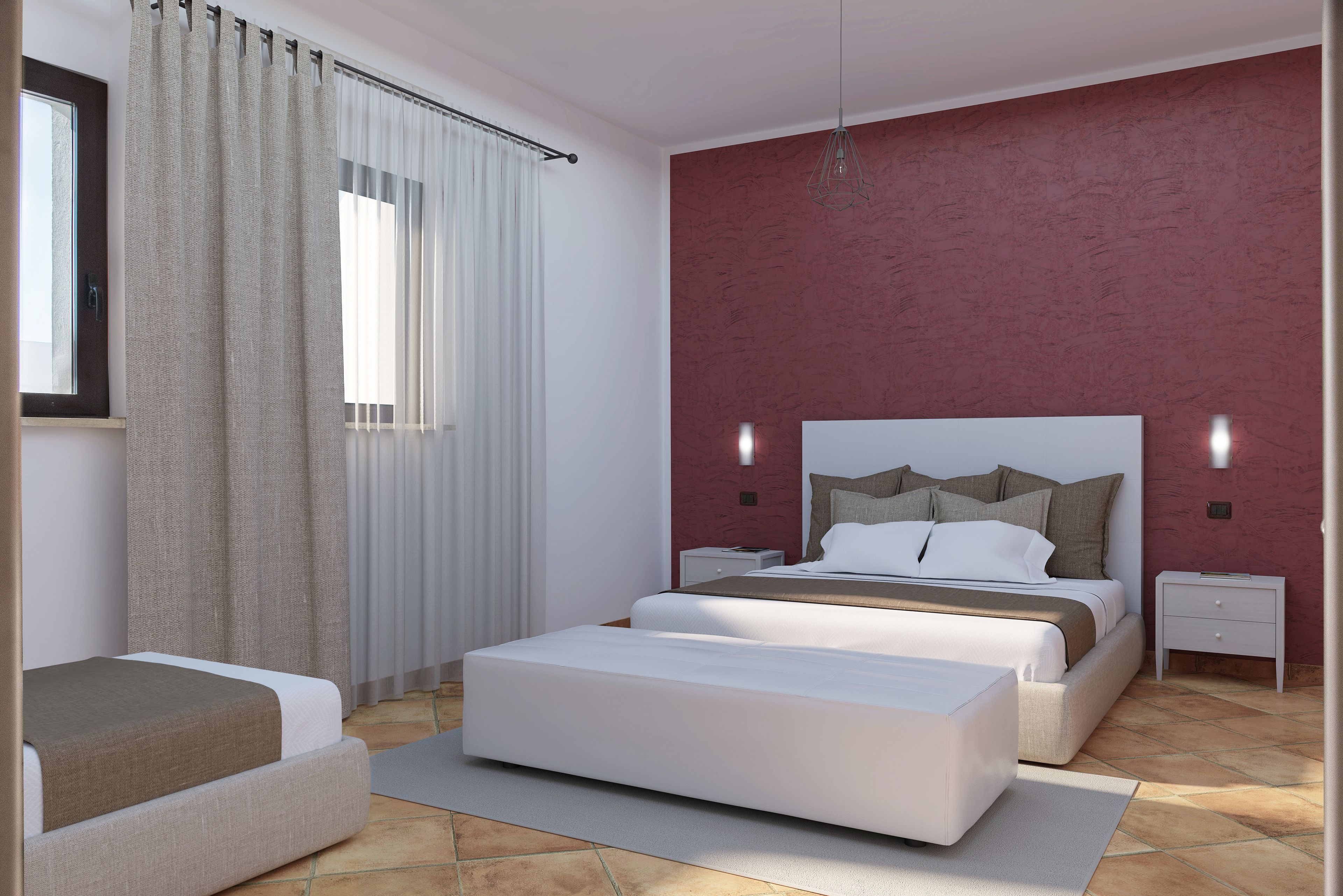 Un dormitorio moderno con una cama grande, mesitas de noche, una lámpara de noche y una ventana con cortinas.
