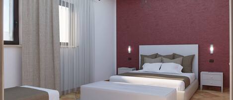 Un dormitorio moderno con una cama grande, mesitas de noche, una lámpara de noche y una ventana con cortinas.