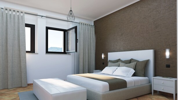 A modern bedroom with a large bed, a bedside table, a nightstand, and a window with curtains. - Villa Santadi Hotel (Santadi)
