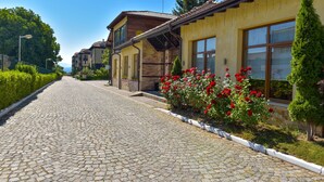 A cobblestone street lined with buildings, a flower bed with red flowers, and a clear blue sky. - Bojur & Bojurland Apartment Complex (Bansko)