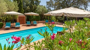 Un espace piscine agrémenté de chaises longues et de parasols, entouré de verdure et d’arbres.