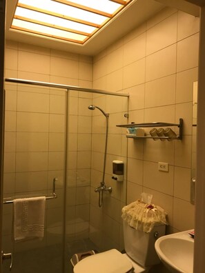 A bathroom with a glass shower enclosure, a toilet, a sink, and a shelf with toiletries. - Guoguang B&B (Hualien City)