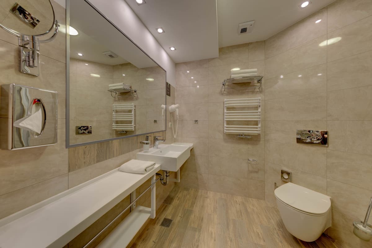 shower, hair dryer, bathrobes, towels