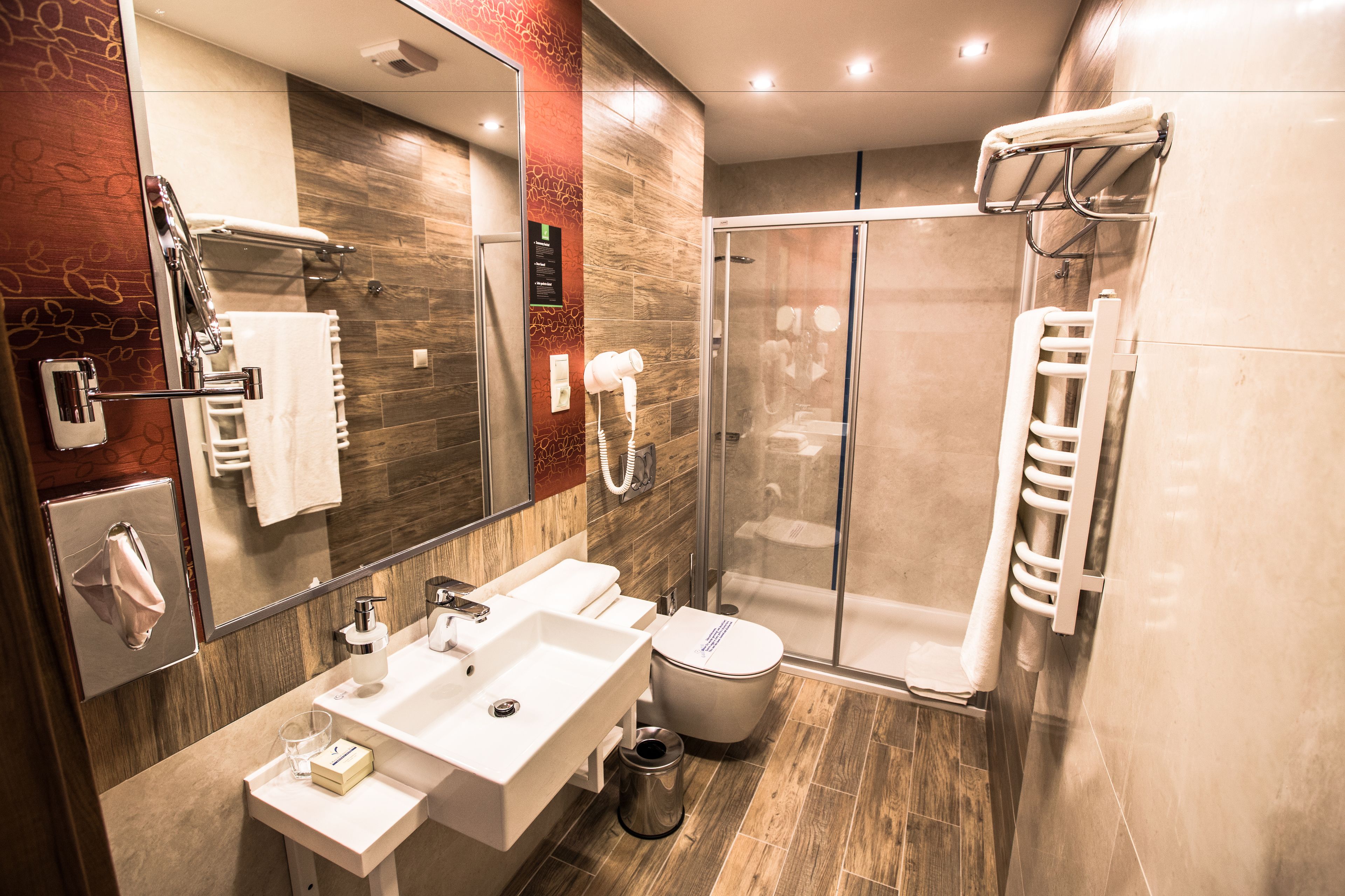 shower, hair dryer, bathrobes, towels