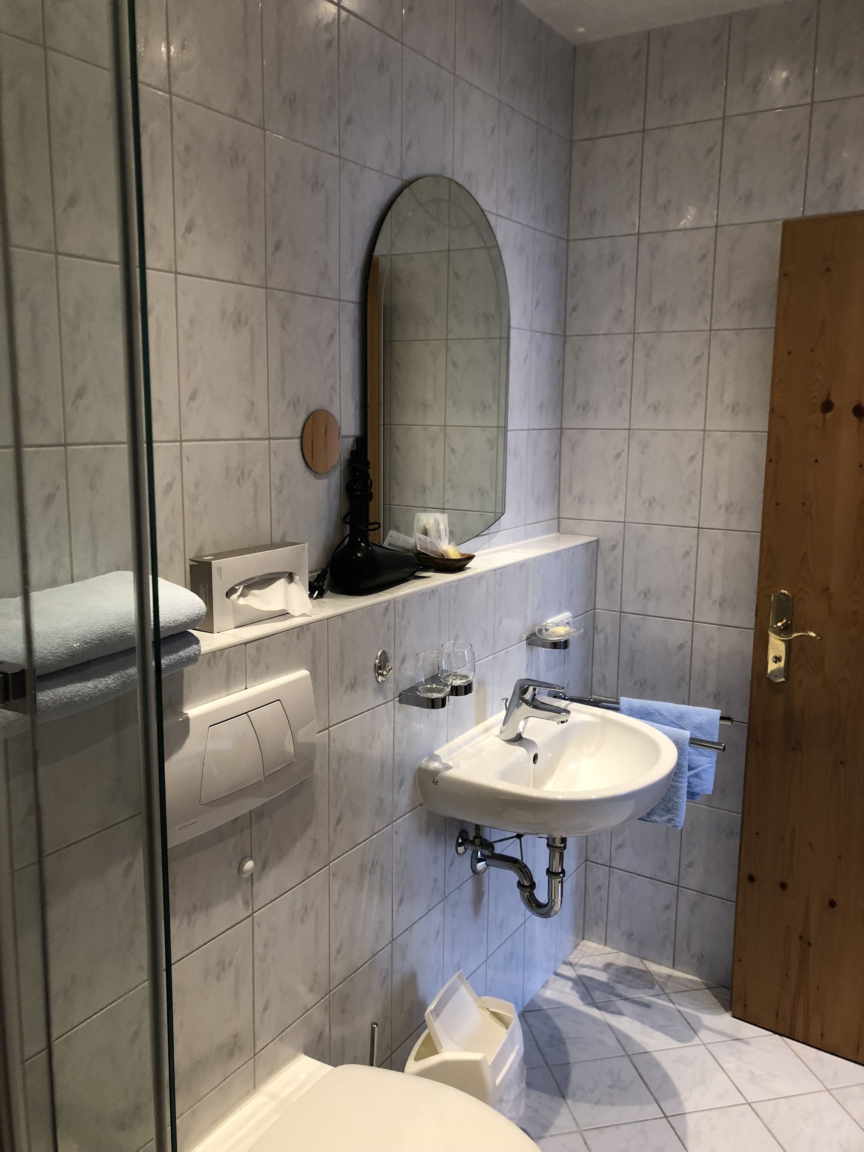 family room | bathroom | shower, free toiletries, hair dryer, towels