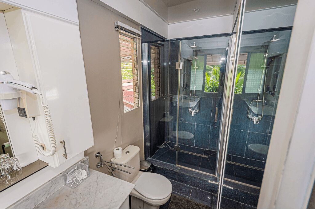 Une salle de bain avec une douche à parois de verre, des toilettes et un lavabo avec un miroir.
