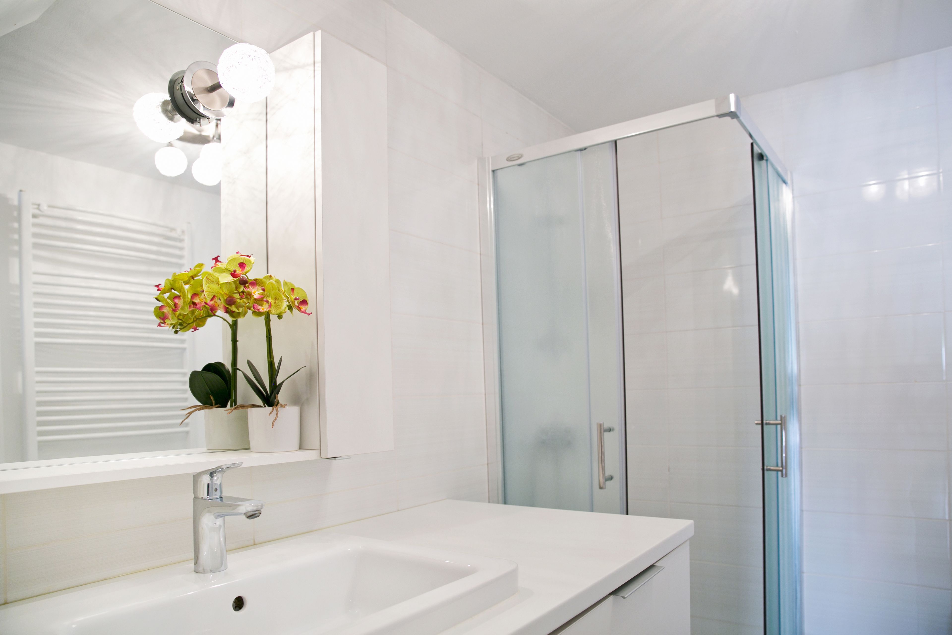 Une salle de bain moderne avec un lavabo blanc, un grand miroir et une douche à parois de verre.