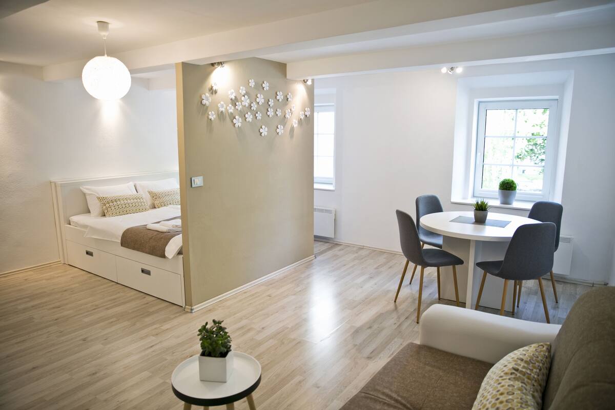 Ein moderner, gut beleuchteter Raum mit einem Bett, einem Essbereich mit Stühlen und einem kleinen Tisch mit einer Pflanze.