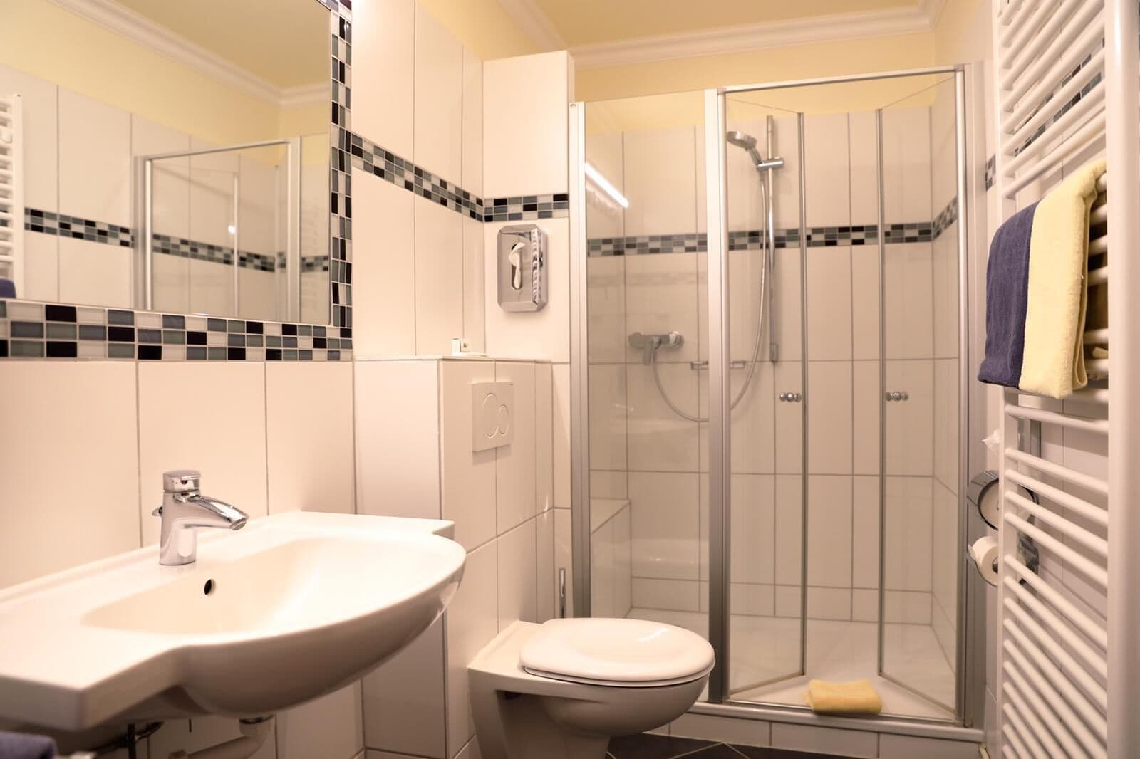 deluxe double room | bathroom | shower, free toiletries, towels