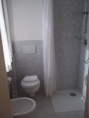 A small bathroom with a toilet, bidet, and shower area.