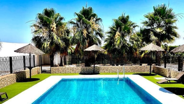 Una piscina rectangular con agua azul cristalina, rodeada de palmeras y un muro de piedra.