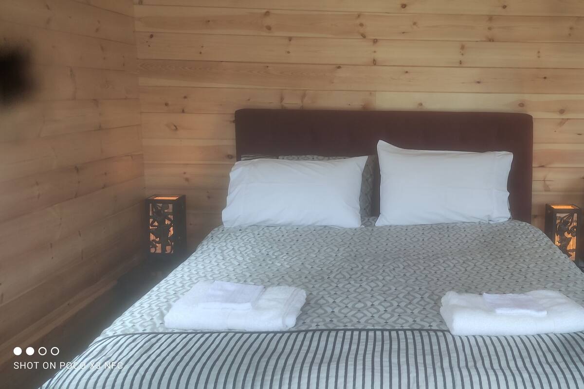 A wooden-paneled room with a bed, two bedside tables, and a sofa.