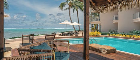 Outdoor pool, pool umbrellas, pool loungers