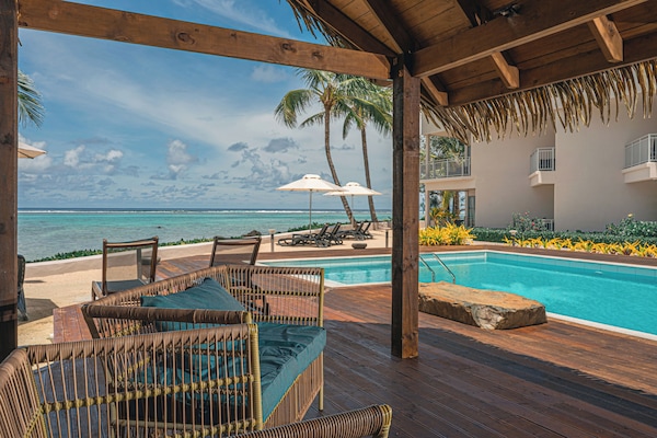 Outdoor pool, pool umbrellas, pool loungers