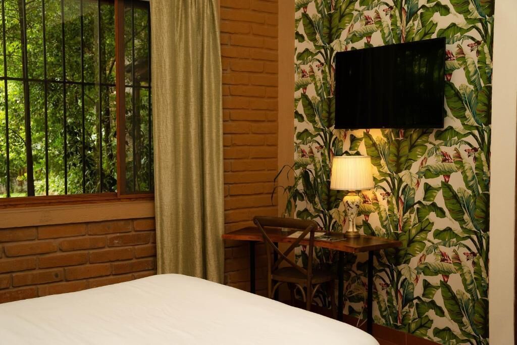 A hotel room with a bed, a desk with a lamp, a television on the wall, and a window with a view of greenery.