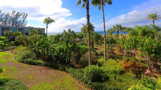 A landscaped garden with palm trees, a building, and a view of the ocean. - The Shore 211-Stylish 2BR Gulffront Condo with Stunning Sunsets & Pool by RVA (Longboat Key)