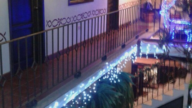 A covered outdoor area with a railing, string lights, and potted plants.