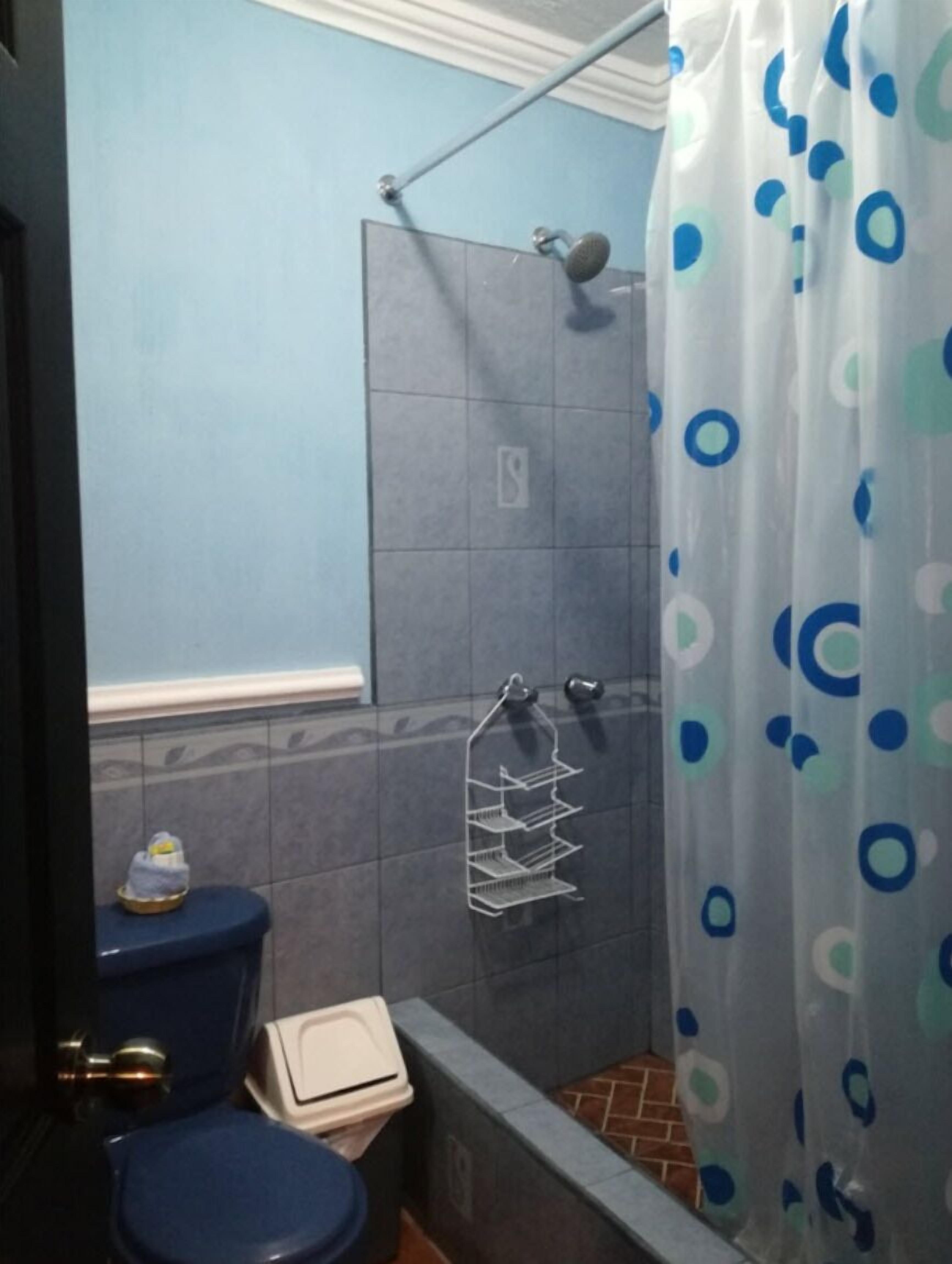 A bathroom with a shower, toilet, and a towel rack.