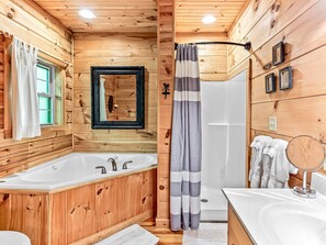 Combined shower/tub, hair dryer, towels