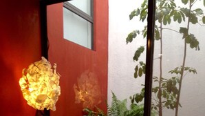 A cozy living area with a sofa, a coffee table with decorative items, a small table with a candle and a book, and a large window with a view of a plant and a tree. - Department in the Heart of Oaxaca (Oaxaca)