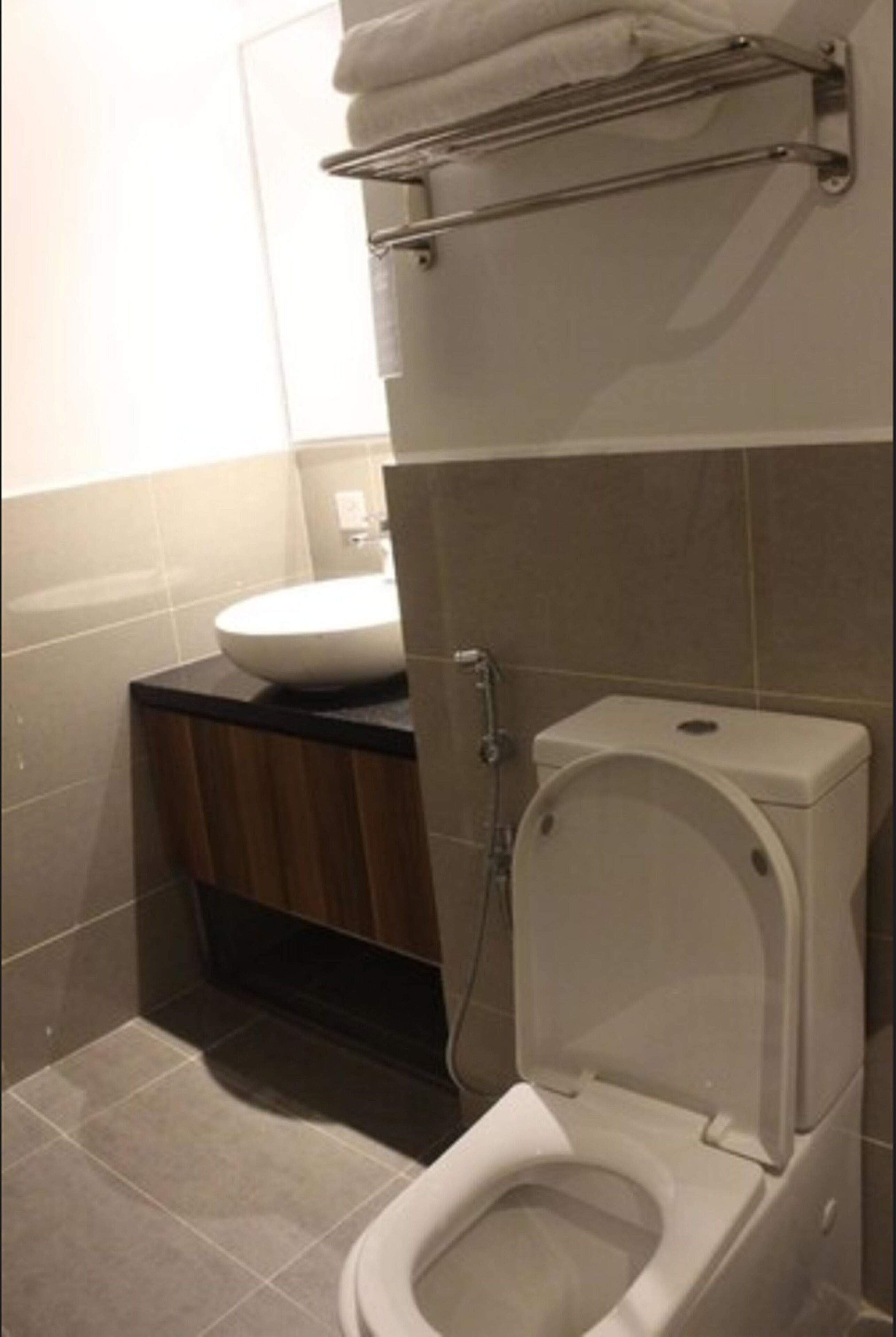 A bathroom with a toilet, sink, and towel rack.