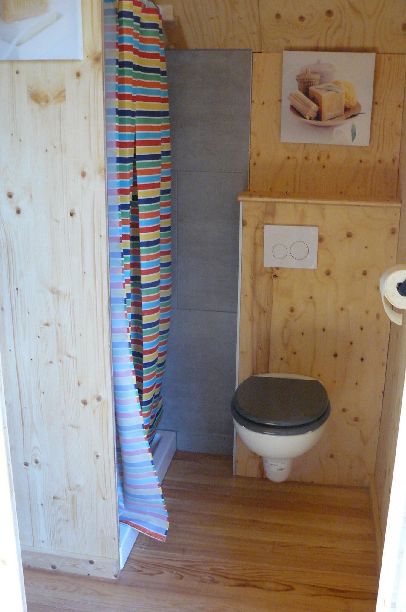 A small, wooden bathroom with a striped shower curtain, a toilet, and a wall-mounted shelf with a picture.