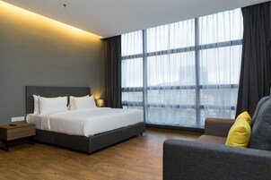 In-room safe, desk, laptop workspace, blackout curtains