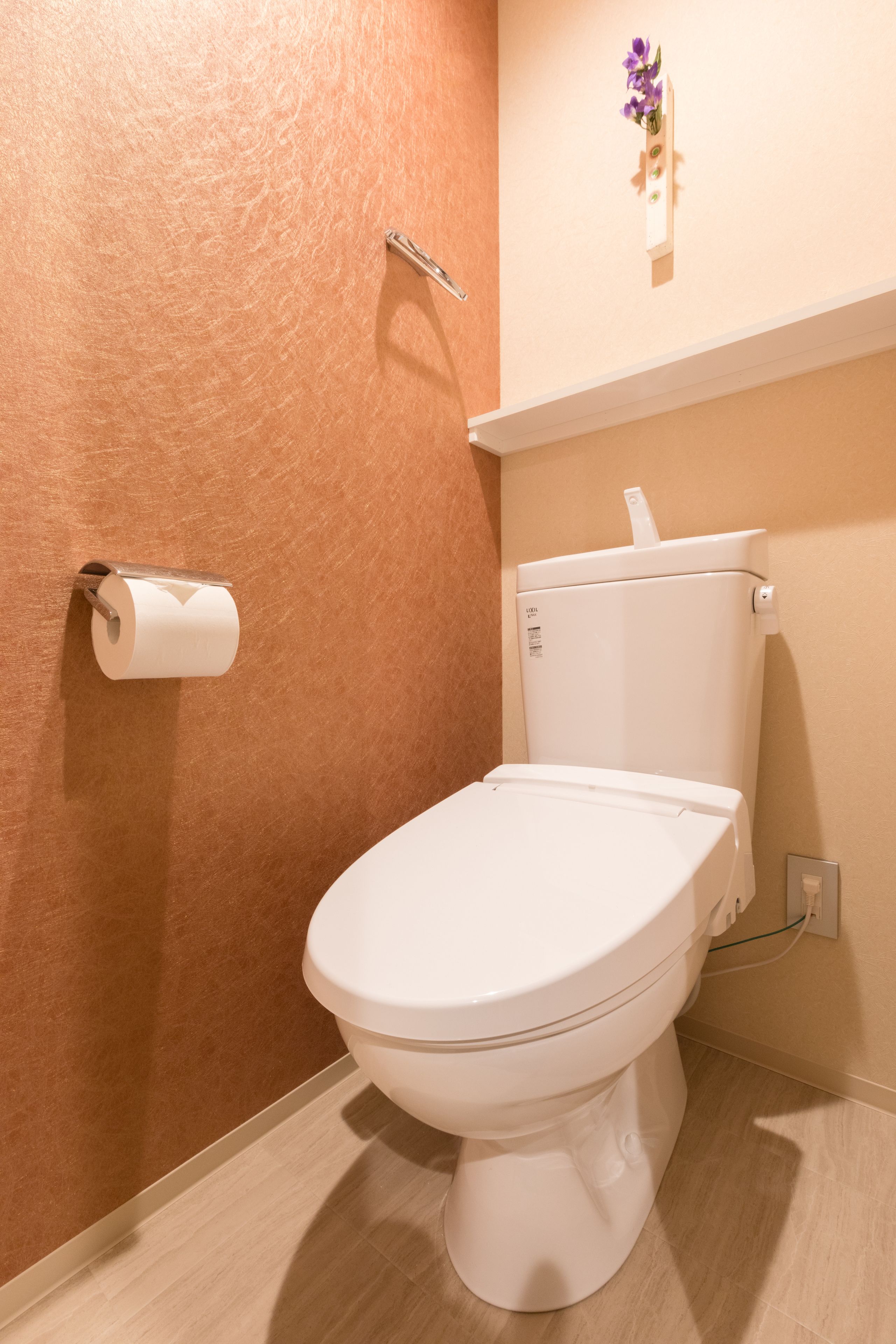 A toilet with a white lid, a toilet paper holder, and a wall-mounted flush handle.