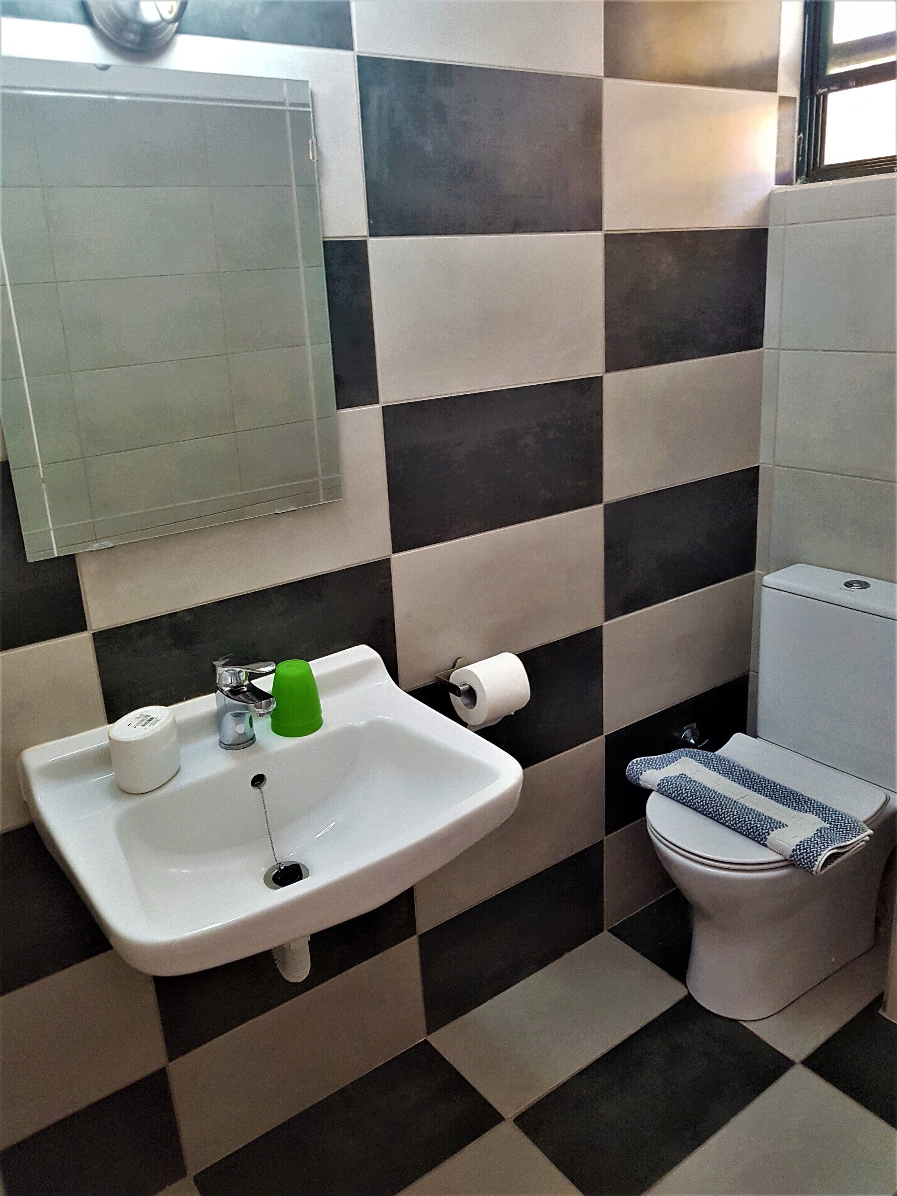 A bathroom with a sink, toilet, and a mirror.