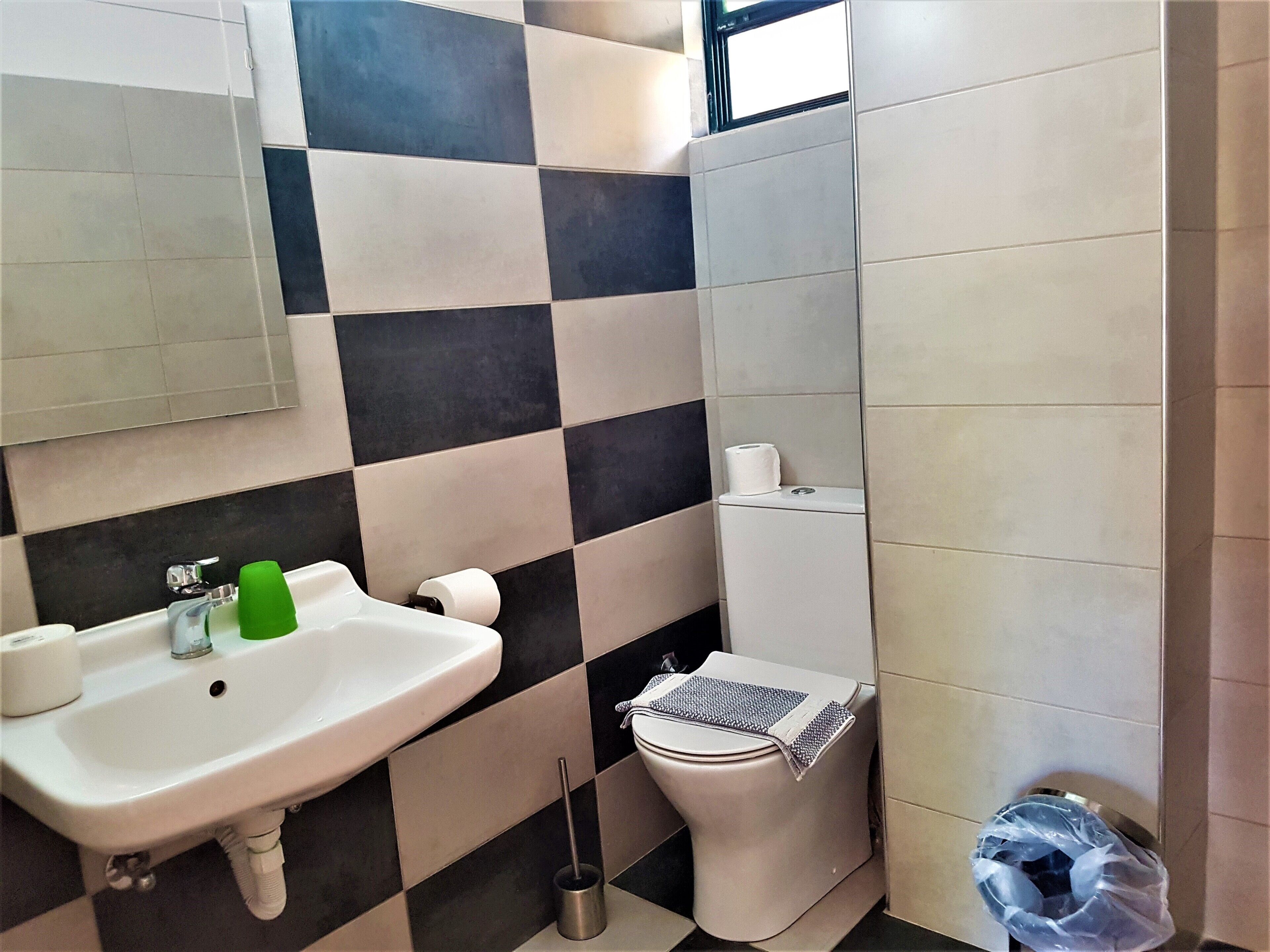 Een badkamer met een wastafel, toilet en spiegel.