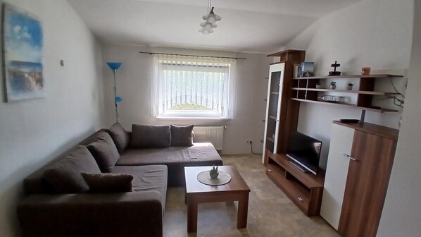 Ein Wohnzimmer mit einer Couch, einem Couchtisch, einem Fernseher und einem Bücherregal.