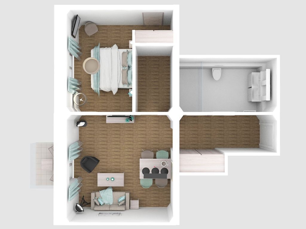 Plano de planta en 3D de un apartamento moderno con sala de estar, cocina, baño y dormitorio.